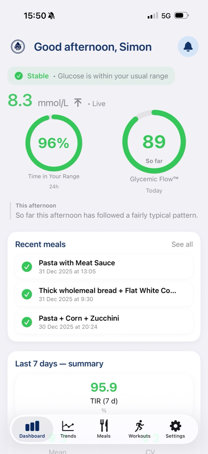 DiaDash dashboard screenshot showing glucose, time in range and Glycemic Flow